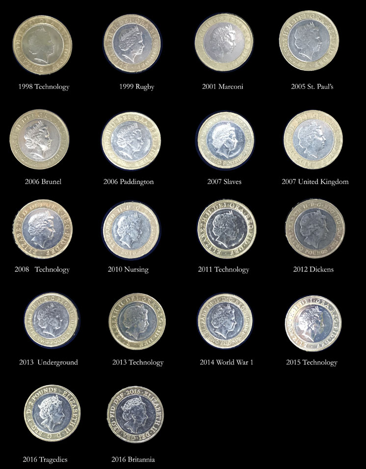 Two pound coins reverse images